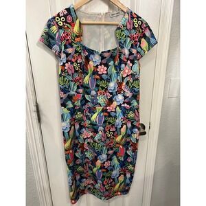 Grace Karin Sheath Dress Navy Tropical Bird Floral Print Square Neck Pencil L